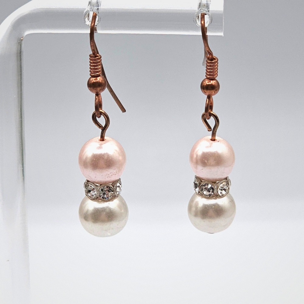 Dangle Drop Earrings Pink White Faux Pearl Rhinestone Accents Dainty 1.5" Pastel